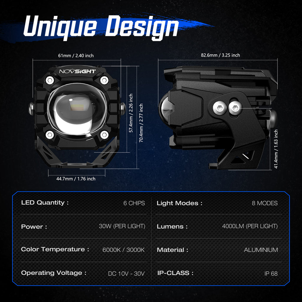 Novsight WL1-1D Laser Gun 2PCS 40W 4000LM White & Yellow Flashing mode 2-in-1 For Motorcycle Jeepney Cars Mini Driving Light LED Work IP68 Waterproof Car spotlights