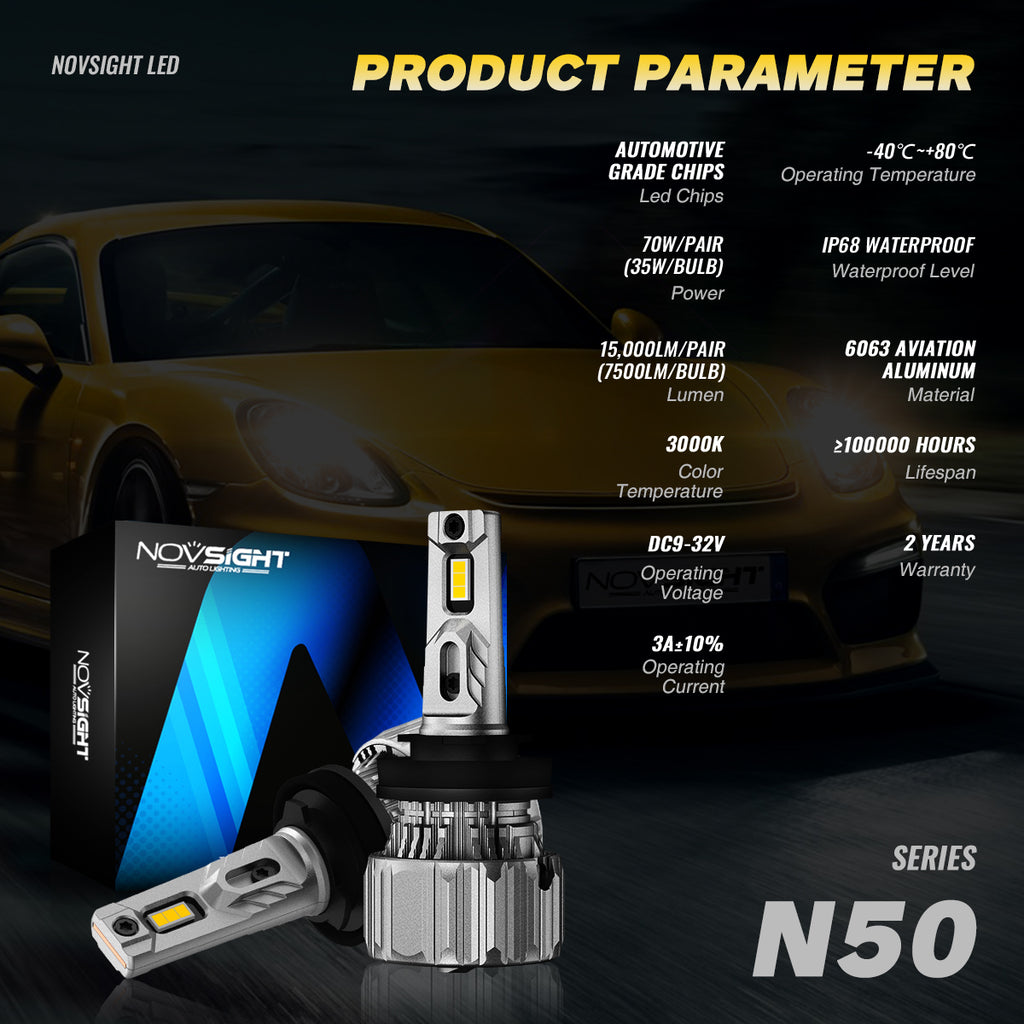 Novsight N50Y Yellow Fog Light H11 15000LM 70W Car LED Headlight Light 2Pcs