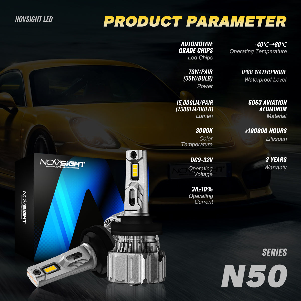 Novsight N50Y Yellow Fog Light H11 15000LM 70W Car LED Headlight Light 2Pcs