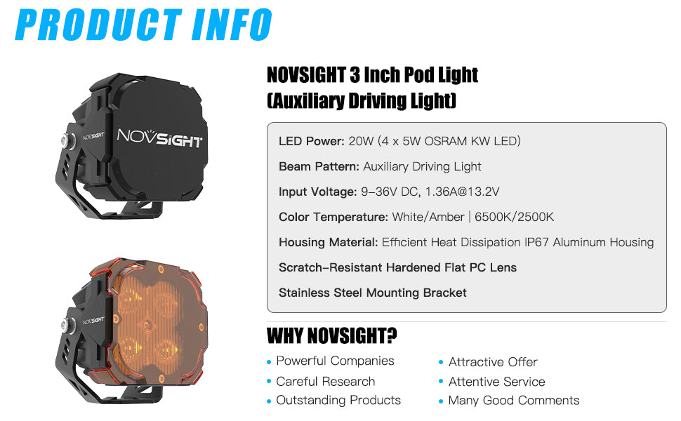 NOVSIGHT WL1 Laser Gun 40W 4600LM White & Amber Yellow 2-in-1 For Motorcycle Jeepney Cars Mini Driving Light OSRAM LED Chips LED Work IP67 Waterproof Car spotlights